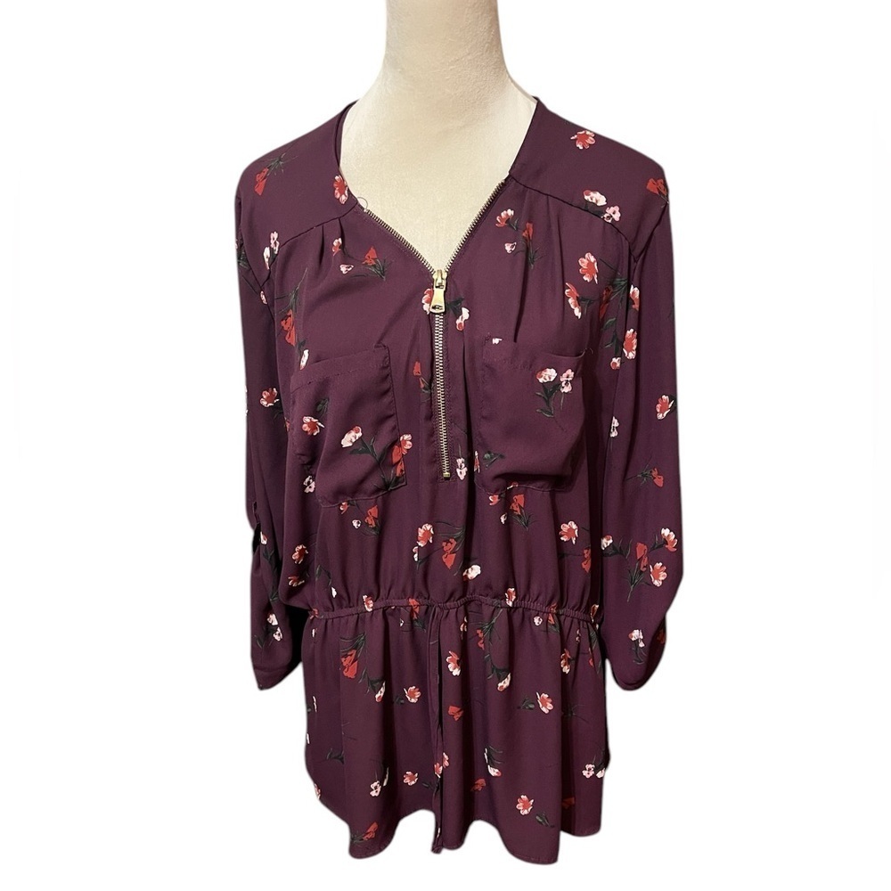 J FOR JUSTIFY SIZE 3X BLOUSE BURGUNDY FLORAL 1/2 ZIP POCKETS CINCHED WAIST